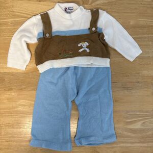 Vintage Baby Boy 2pc Outfit Sweater Bunny Suspenders & Blue Pants